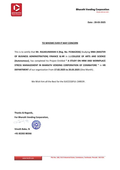 A STUDY ON HRM AND WORKPLACE STRESS MANAGEMENT ON BHARATH VENDING CORPORATION ,COIMBATORE