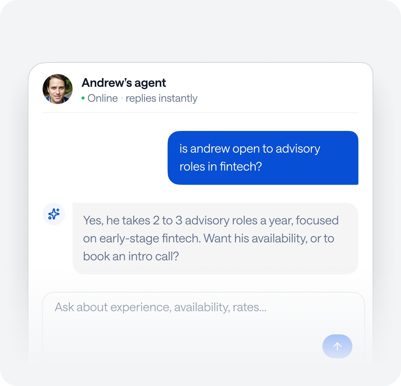 Andrew's AI agent answering a visitor question about advisory roles in fintech